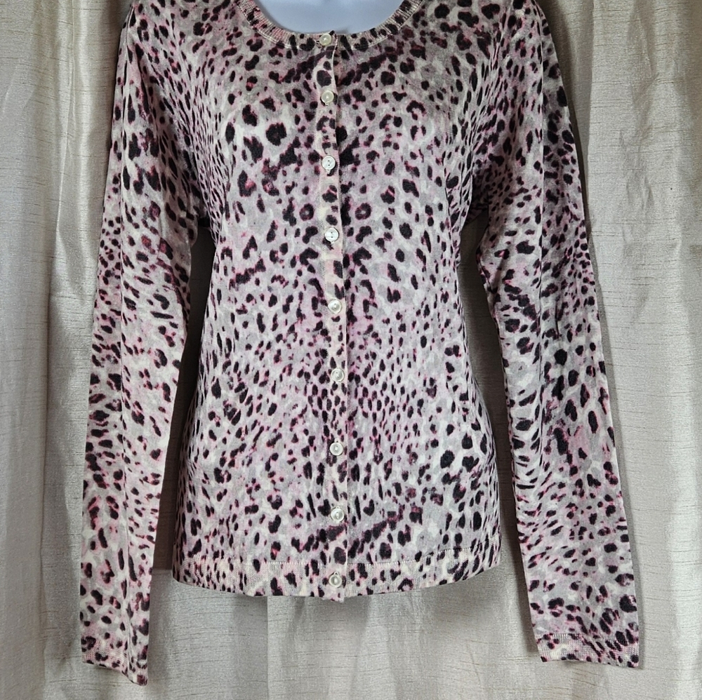 NWOT Talbots pink white animal print Merino wool cardigan sweater Womens Large - Picture 9 of 9